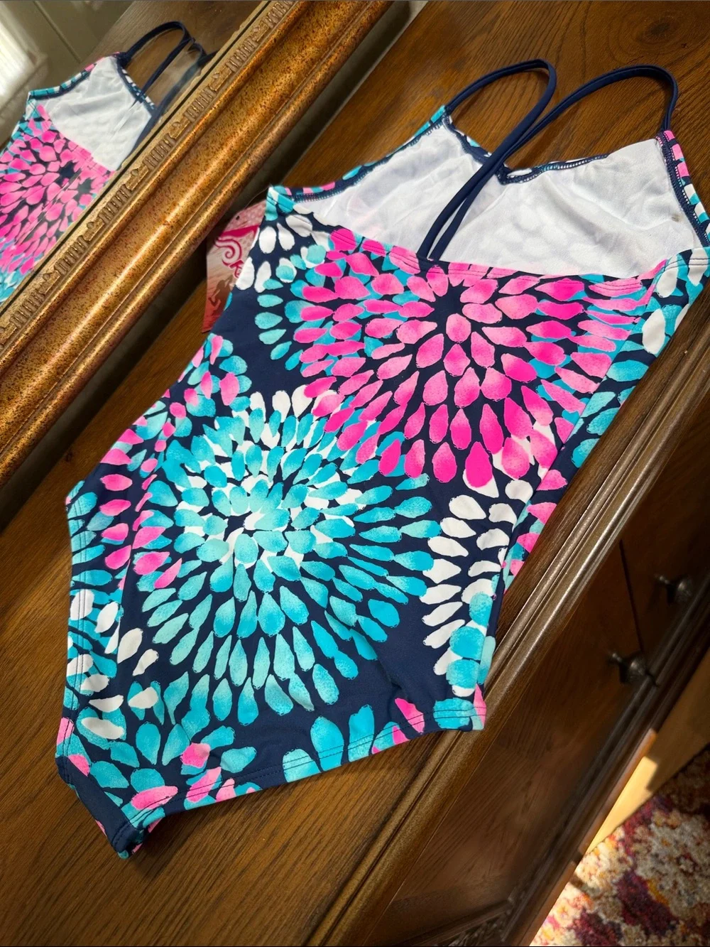 Kanu Surf Navy One-Piece Swimsuit with Pink & Turquoise Floral Print. Size 12.